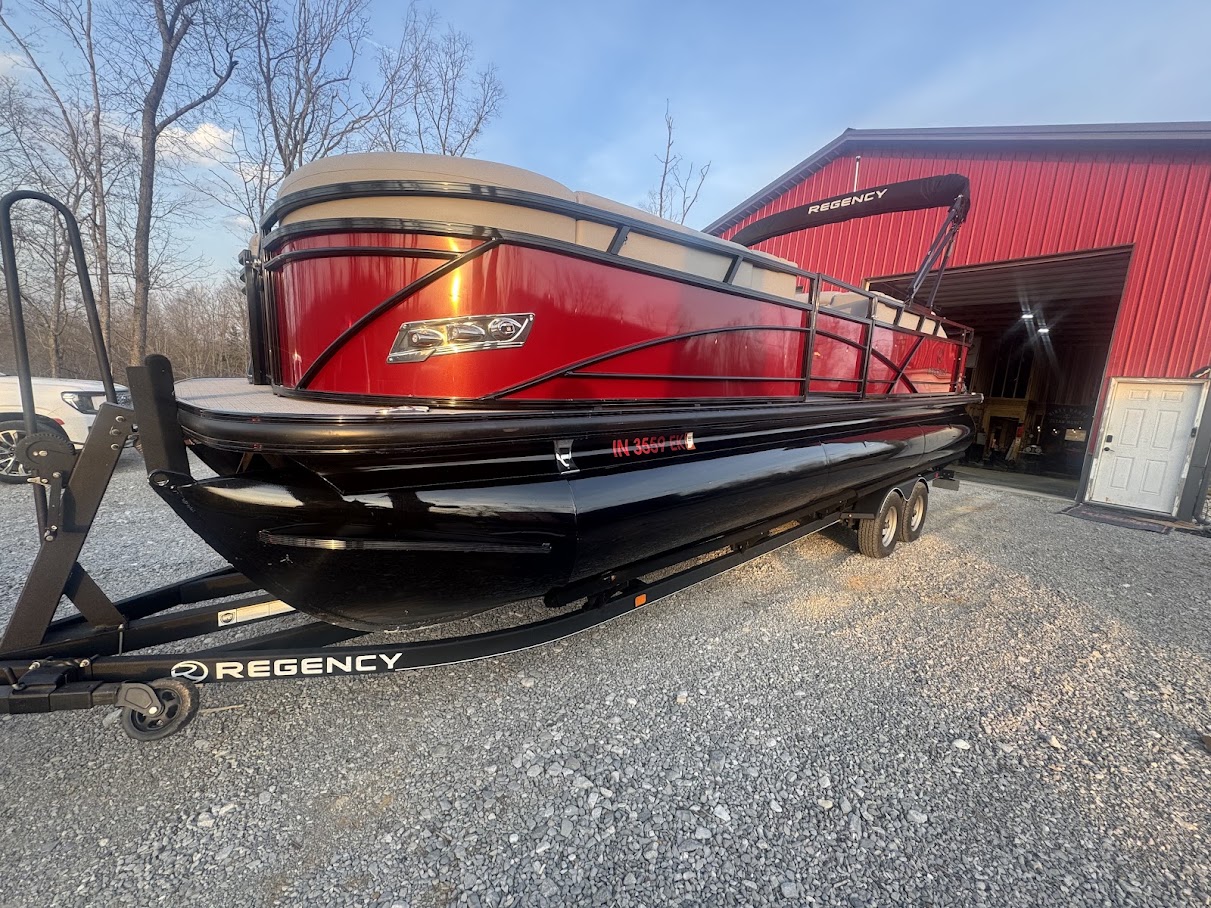 Detailed pontoon boat ready for delivery